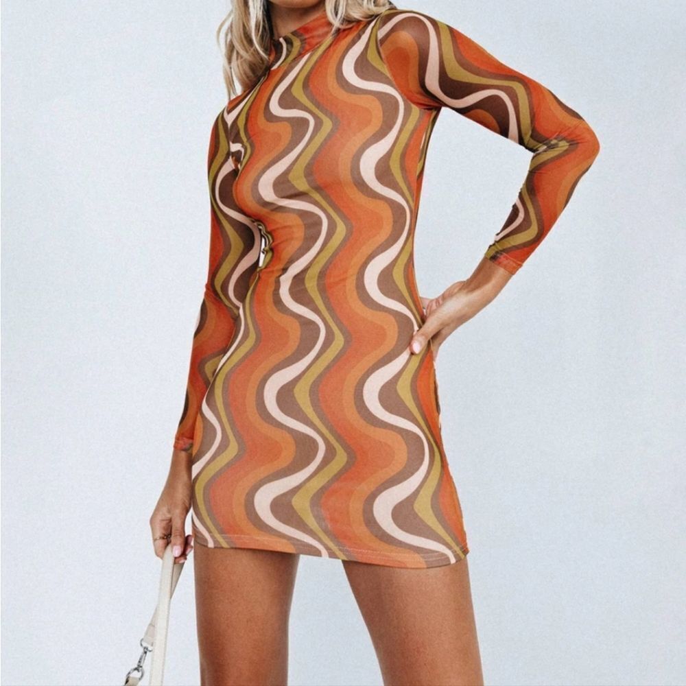 Princess Polly Orange Orion Retro Swirl‎ Print Open Back Fitted Mini Dress 8US